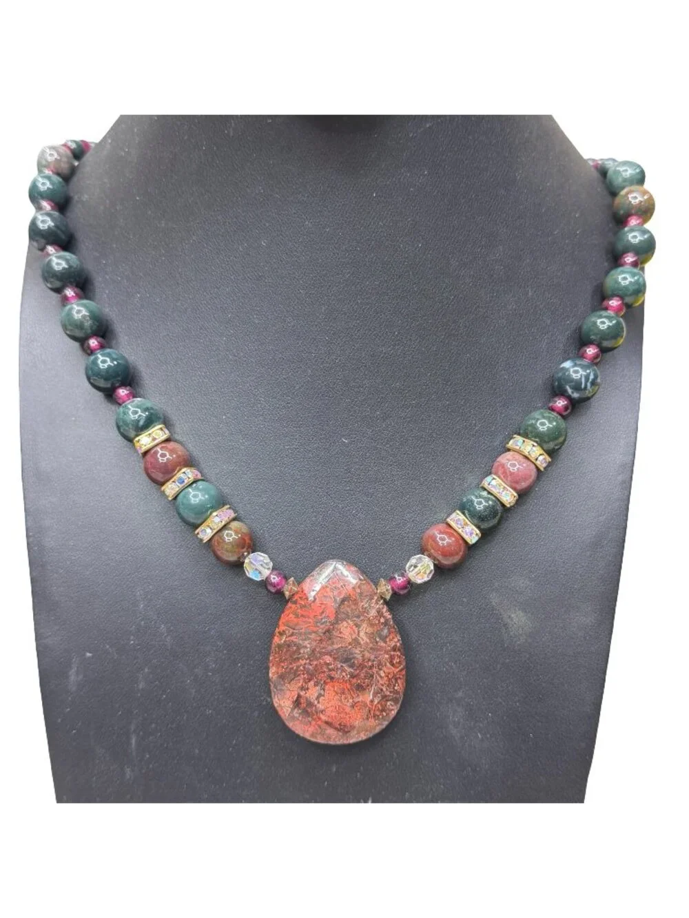 Vintage Jasper Adventurine Garnet Beaded Necklace Teardrop Pendant Statement 25" - Picture 1 of 10